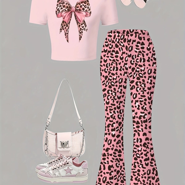 Girls' Two-Piece Set of Short-Sleeve Top And Flared Pants, Suitable for Teenagers As Casual Wear. Featuring a Cute Style And Lively Design, It'S Perfect for Indoor And Outdoor Wear, for Outdoor