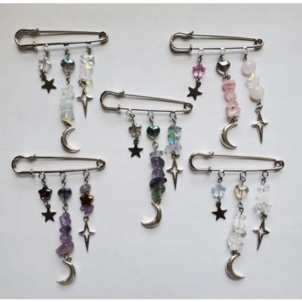 Crystal Y2K Safety Pin Bag Charms With Cute Glass Star Beads | Amethyst Fluortie Clear Quartz Roze Quartz Crystal Chips