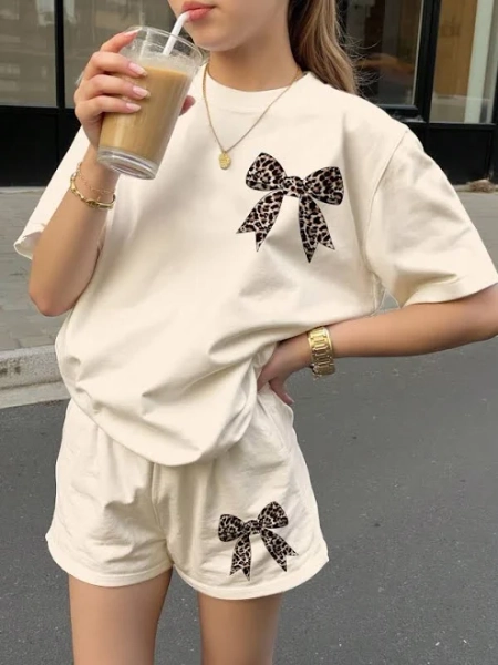 SHEIN Teen Girl Trendy Leopard Bow Loose Fit T-Shirt Shorts