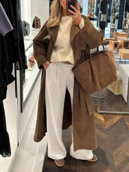 Autumn And Winter Elegant Women's Fashion Elegant Comfortable Casual Temperament Lady Vintage Simple Brown Commuter Windproof Warm Thickened Long Sleeve Pocket Button Ladies Trench Coat Jacket Long Coat