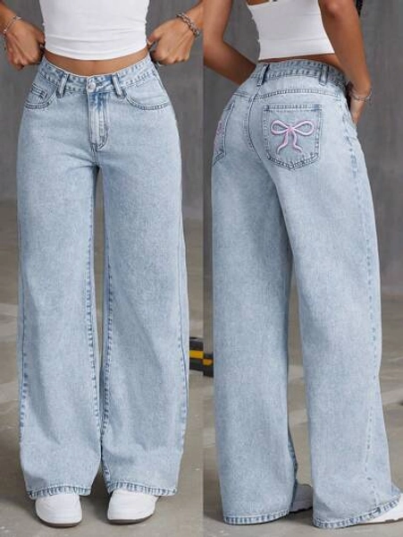 SHEIN ICON Embroidered Bow Washed Denim Jeans, Casual And Fashionable For Everyday Wear - Size 28