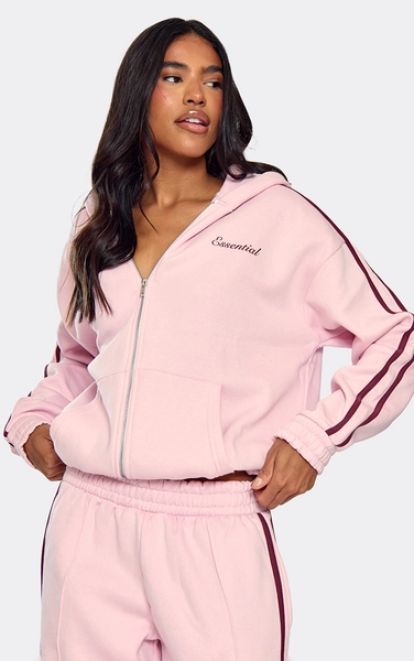 Oversized Contrast Stripe Side Essential Graphic Zip Up Hoodie In Pink