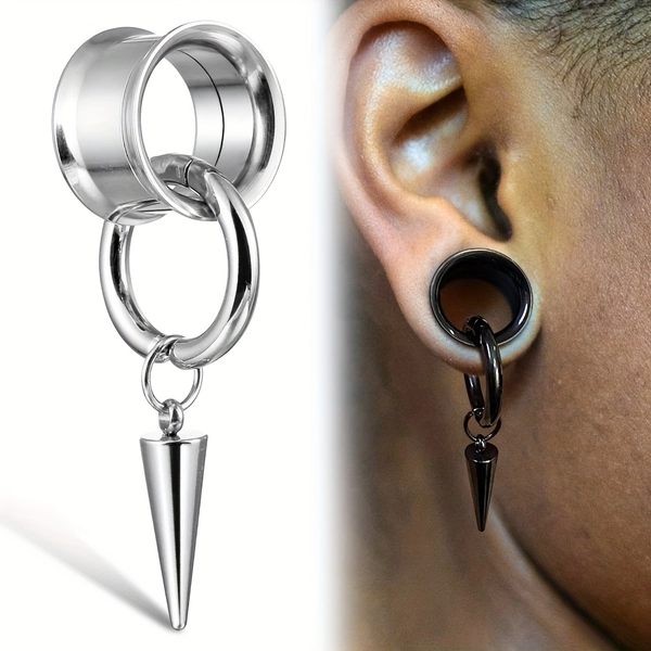 Set of 2 Round Tunnels Made of 316L Stainless Steel, Featuring Pointed Cone Pendant Chains, Designed As Plugs And Stretchers for Body Piercings, Suitable for Both Women And Men