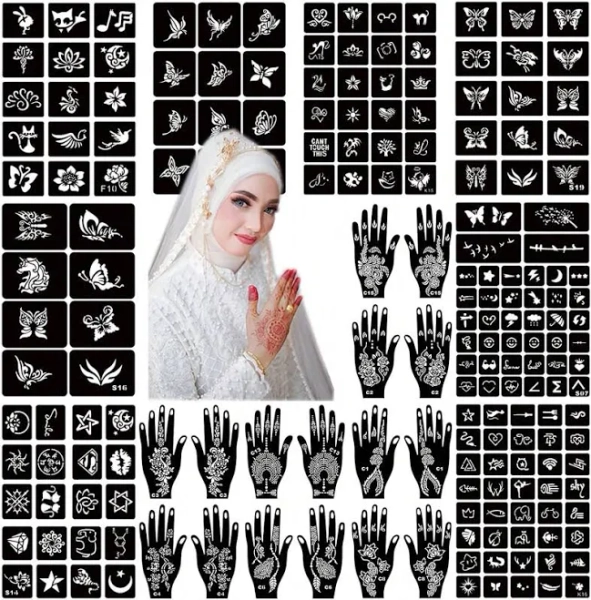 190pcs Henna Tattoo Stencil Kit Temporary Tattoo Designs Ideas Small Flower Forearm Hand 24 Sheets Reusable Arabian Glitter Airbrush Geomet