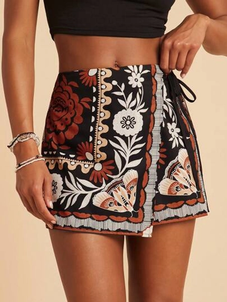 Travachic Women's Black Floral Print Woven Design Straight Leg Boho Style Wrap Shorts, Suitable For Holiday, Afternoon Tea, Wedding Season, Beach Cruise Vacation, City Road Trip Vacation, Boho Vacation, Music Festival, Beachwear, Easter, Beach For Woman, Elegant Shorts, Vacation, Concert, Tropical Vacation, Holiday, Bohemian,For Spring Summer And Autumn