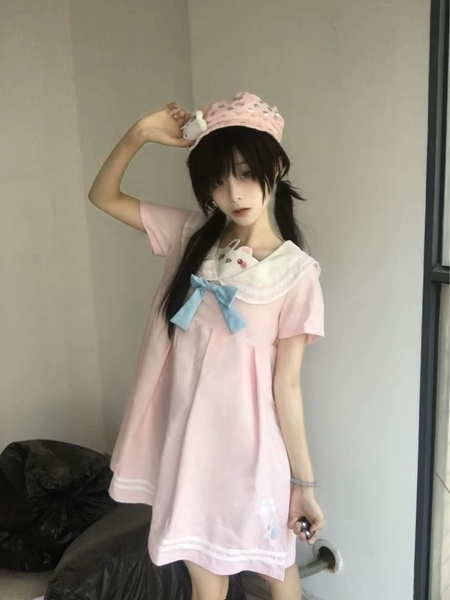 2000s Japan Style Loose Mini Dress Y2k Harajuku Vintage Sweet Patchwork Short Sleeve Dress Lolita Kawaii Short Party Dress Chic - AliExpress 200000345