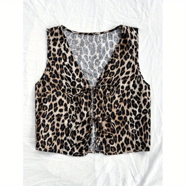 Women'S Leopard Print Sleeveless Vest - V-Neck Tie-Front Closure, Lightweight Summer Top for Casual & Formal Outfits, All-Season Versatile Layering Piece, Leopard Print Vest, Formal Attire, Stylish Blouse, Fashion Lovers, Casual Wear, Trendy Blouse