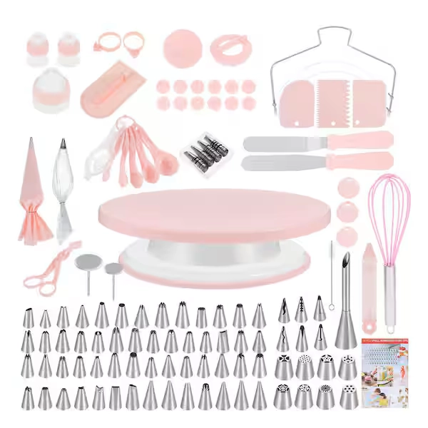 64-Piece Stainless Steel Cake Decorating Kit w/ Turntable, Icing Tips, Piping Bags, Scrapers, Spatulas, Fondant Molds