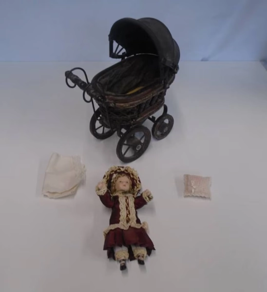 Vintage Miniature Porcelain Doll & Wicker Pram