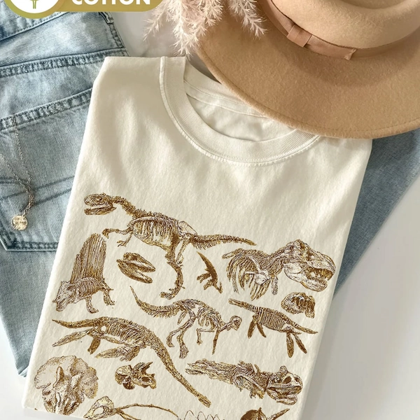 Spring And Summer Women'S Clothing, Casual Basics, Vintage Style, Dinosaur Fossil Print, Round Neck, Relaxed Top, Pure Short-Sleeve T-Shirt