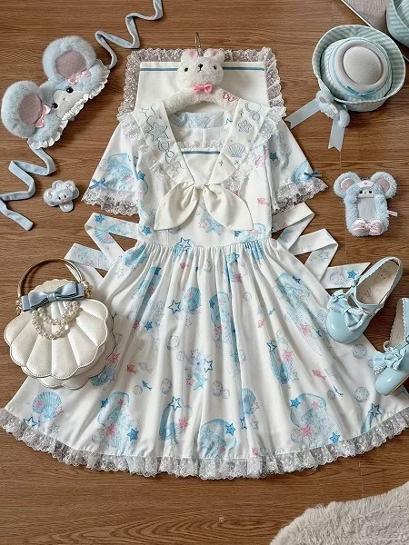 [£42.07]White & Blue Jellyfish and Shell Print Sailor Lolita Dress with Lace Details