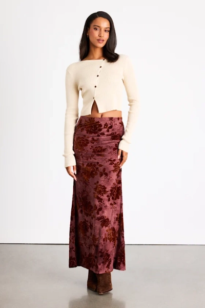 Milian Burgundy Burnout Velvet Ruched Mid-Rise Maxi Skirt