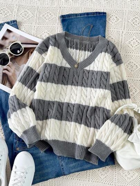 SHEIN Tween Girls' Striped Color Block Cable Knit V-Neck Lantern Sleeve Oversized Pullover Sweater, Suitable For Autumn/Winter Outings Fall