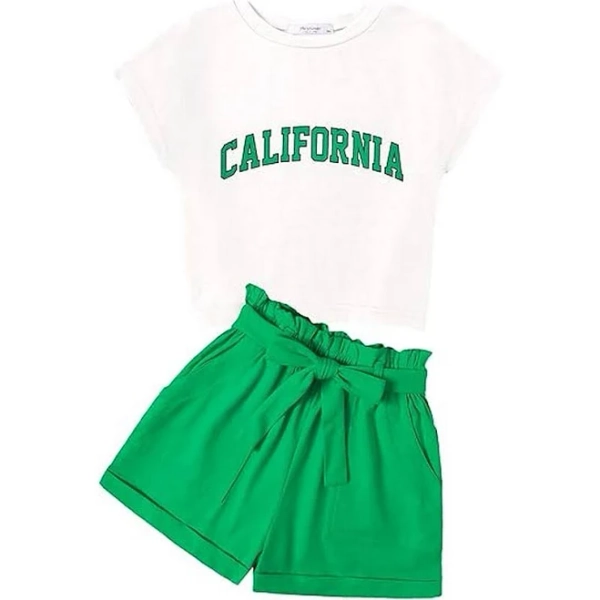 Arshiner Girls Clothes Summer Outfits Piece Set Drop Shoulder Short Sleeve Shirts And Paperbag, Girl's, Size: 9-10, White Green