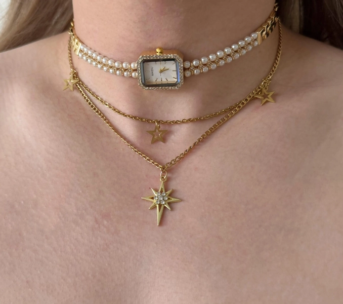 Retro Watch Choker Necklace,Sunburst Layered Chain Clock Choker,Edgy Dark Aesthetic,Star Layered Chain Jewelry,Handmade Vintage Statement
