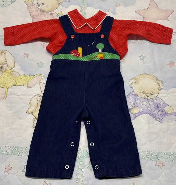 VTG 80’s Country Farm Appliqué Scene Barnyard Denim Overalls Set  By Thomas 6-9M