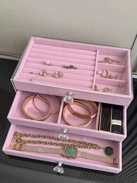 1pc Clear Acrylic Velvet Jewelry Organizer With 3 Drawers, Stackable Display Storage Earrings Necklace Rings Bracelets Box Holder Case For Women, Modern Portable Jewelry Box For Home, Gift For Valentine's Day,Home Decor,Pink