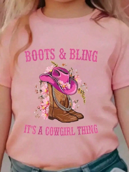 [1pc Cowgirl Graphic T-Shirt] 1pc Girls' Western Cowgirl Graphic T-Shirt - Pink Cowboy Boots & Hat Print, Breathable Knit Polyester Top For Summer, Ranch, Themed Parties - Easy-Clean Girls Clothing Gift, Casual Kids Wear, Rustic Theme Outfit, Fun Kids' Design, Comfortable Fit