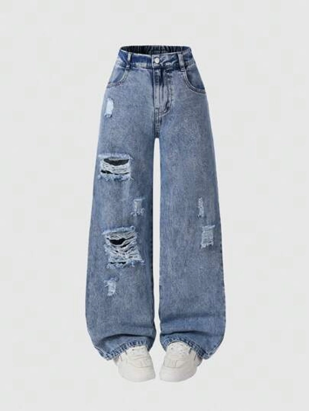 Tween Girls Y2K Style Vintage Dark Wash Distressed Ripped Wide Leg Jeans, Soft And Comfortable Fabric, Fashionable And Versatile Street Style, Girls Denim Ripped Baggy Jeans Fall Winter