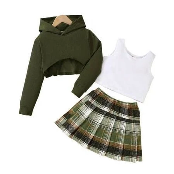 Girl's 3 Piece Outfits: Hooded Crop Top and Pleated Skirt