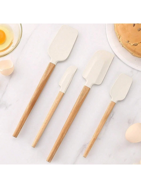 4pcs Heat Resistant Silicone Cooking Utensil Set, Integrated Design Spatula, Scraper, Spoon, Non-Stick Baking Spatula With Beechwood Handle