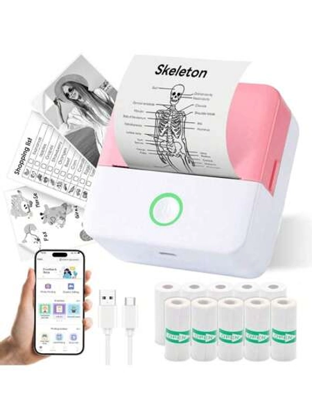Mini Thermal Printer, Portable Ink-Free Bookmark Printer, Compatible With Android And IOS Smartphones, Prints Black And White Photos, Lists, Memos, QR Codes, Notes