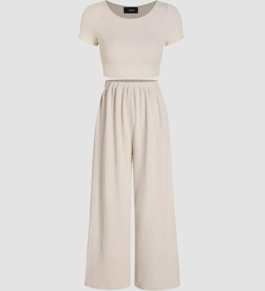 CIDER Women's Short Sleeve Crop Top & Wide Leg Trousers Set for Daily Casual