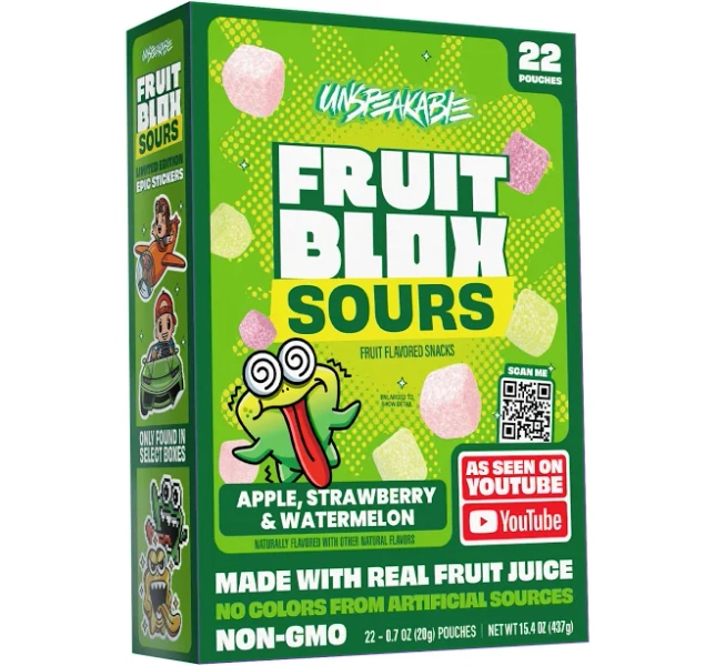 FruitBlox Unspeakable Sour Fruit Snacks Apple Strawberry & Watermelon 22 Count