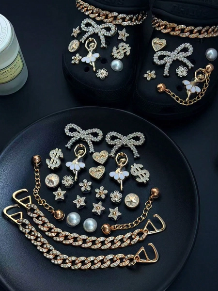 Modieuze meisjesstijl klompen schoenen charms set - strik, dollarteken, ster & bloem decoratie, glanzende klompen schoenen accessoires