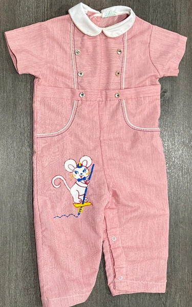 Vintage Infant Toddler Boys Girls Romper with Mouse Pogo Stick Red White 70s 80s