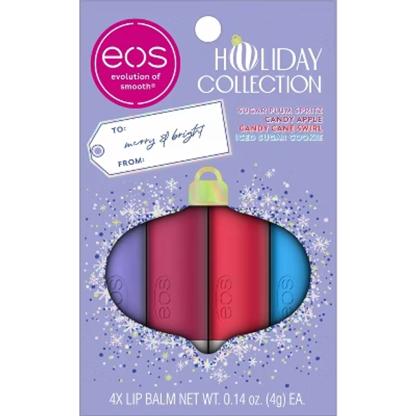 eos Holiday Lip Balm Variety - Sugar Plum Spritz, Iced Sugar Cookie, Candy Apple, Candy Cane Swirl - 0.56oz/4pk