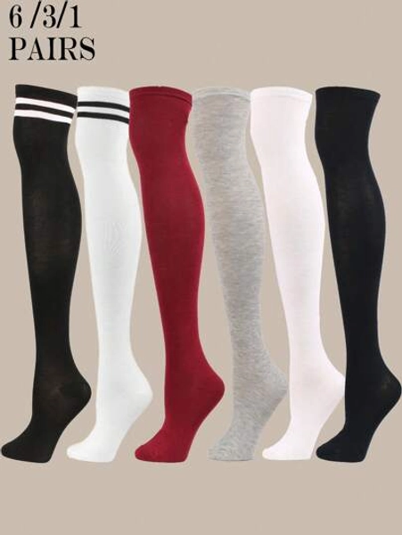 6 Pairs Women Stripe & Solid Color Over The Knee Stockings, Sexy College Style, Comfortable Casual Daily Wear, Suitable For Students, Performance, JK, Y2k