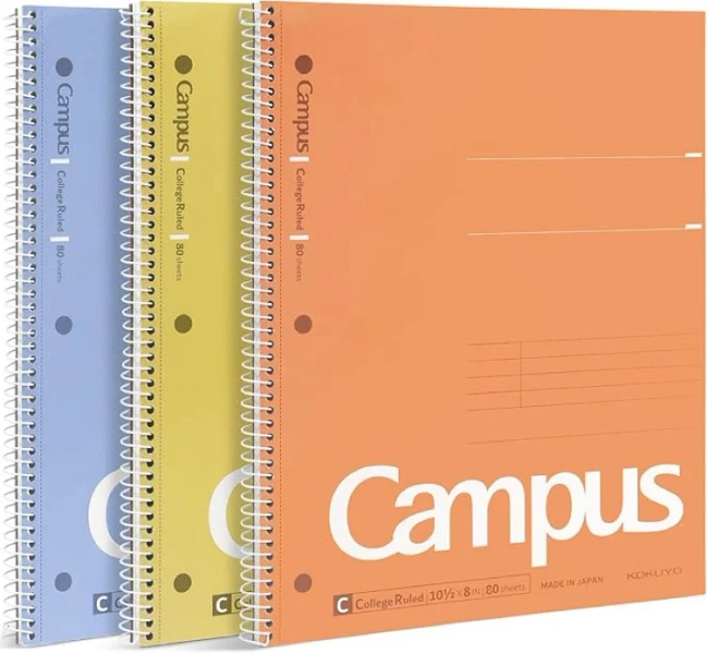 KOKUYO Spiral Notebook, 3 Pack Campus 10-1/2" x 8" Subject Notebooks with College Ruled, 80 Sheets, Pink Blue Green 3 Holes School Spiral Journal for Work Study Note Taking (WSG-SU-400G1×3)