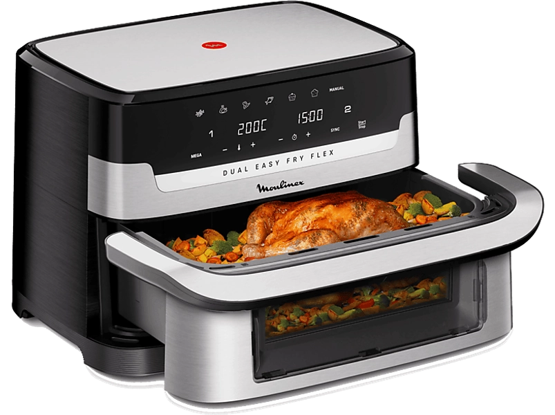 Freidora de aire - Moulinex Dual Easy Fry Flex EZ922D, 2700W, 9L, 7 programas, Separador de cesta, 40°C-200°C, hasta 8 personas, Negro