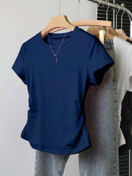 INAWLY Women's Plain Crew Neck Short Sleeve Ruffle Waist T-Shirt Top, Elegant Summer Style