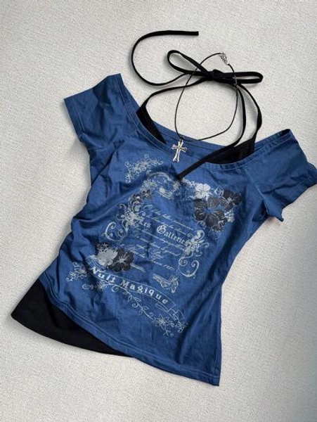INAWLY Women's Summer Fashionable Contrast Color Splicing Slogan Print 2 In 1 T-Shirt