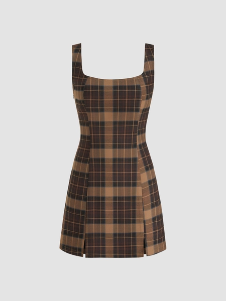 Preppy Woven Scoop Neckline Checks Zipper Mini Dress For Outdoor