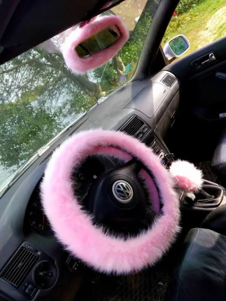 Fuzzy Pink Car Accessories: Steering Wheel, Gear Shift, Mirror Cover Set
