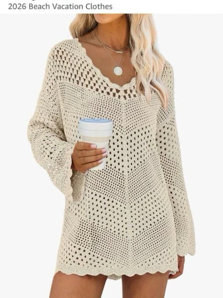 ANRABESS Swimsuit Cover Up for Women Crochet Bathing Suit Summer Swimwear V Neck Mesh Knit Dress 2026 Beach Vacation Clothes