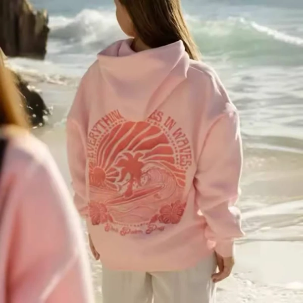 Pink Palm Puff Long Sleeve Letter Embroidery Hoodies