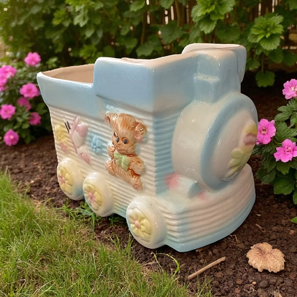 Vtg Ceramic Nursery Train Planter Decor Vase Bear Butterfly Colorful MCM Baby