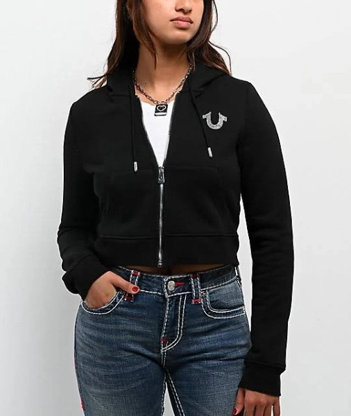 True Religion Women's Crystal Metallic Logo Zip Hoodie