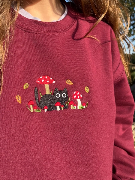 Mushroom Cat | Cute Autumn Embroidered Sweatshirt | Cat Lovers Gift
