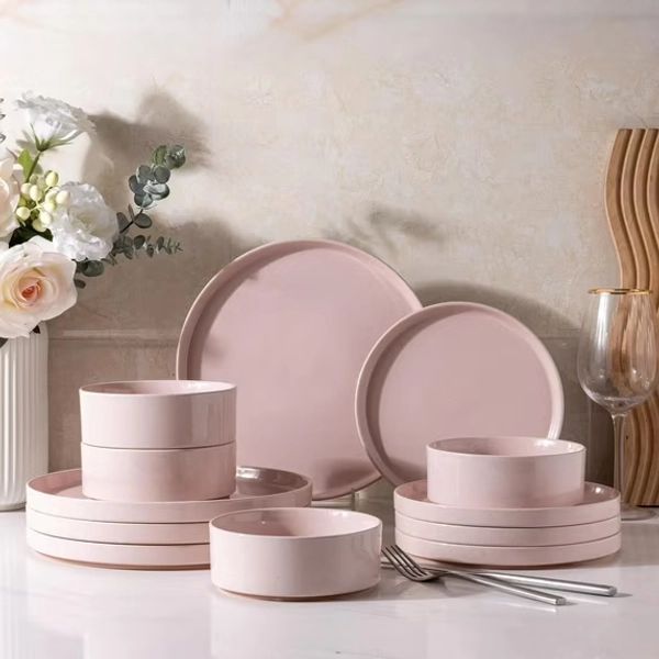AmorArc Ceramic Dinnerware Set for 4 | Speckled Stoneware Plates and Bowls with unglazed terracotta | Scratch Resistant, Dishwasher & Microwave Safe ,Service for 4 Dishes Set(12pcs),Pink