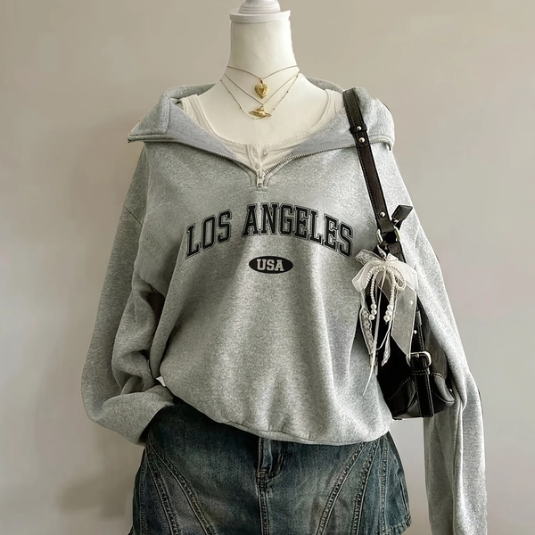 Plus Size Women'S Cozy Fleece-Lined Sweatshirt with "Los Angeles USA" Print - Casual Long Sleeve Pullover, Stand Collar, Half-Zip Front, Gray, Perfect for Fall/Winter, Casual Winter Wear|Casual Style|Zippered Pullover, Sweater Hoodie