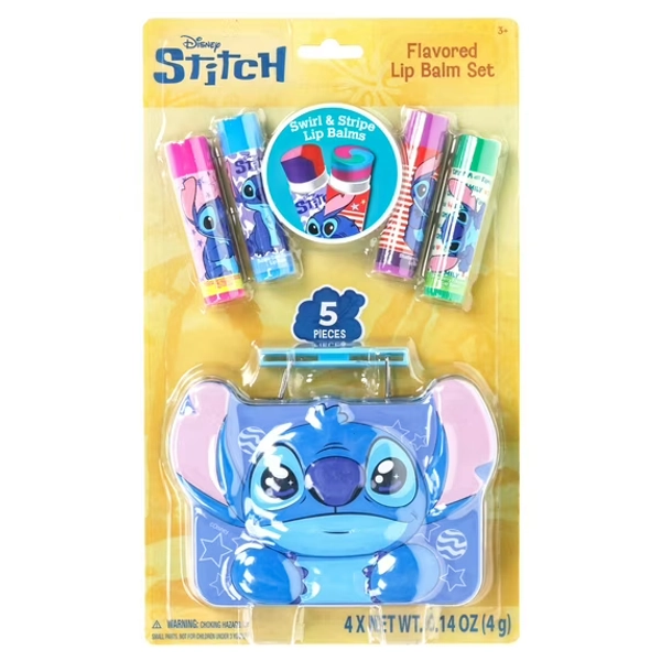 Disney Stitch Swirl Lip Balm with Character-Shaped Storage Tin, 5 Pieces