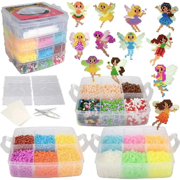 10,000pc Fuse Bead Fairy Kit w Carrier CASE - 25 Colors, 12 Unique Templates, 4 Peg Boards, Tweezers, Ironing Paper, Case - Works w Perler Beads,