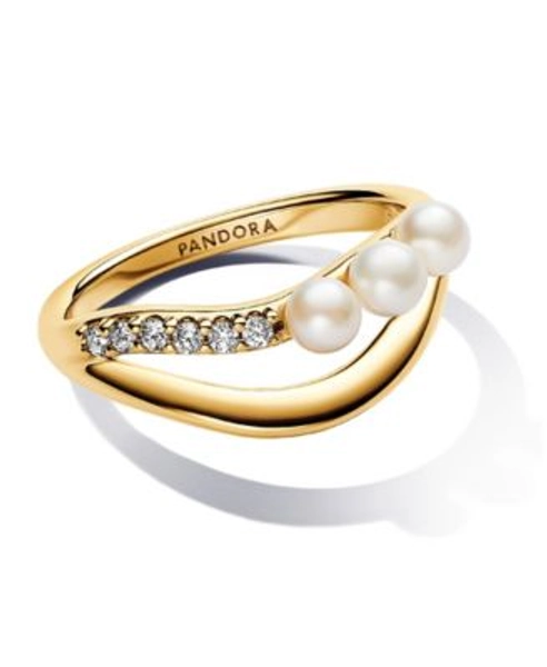 Treated Freshwater Cultured   Pearl   Shaped Double Band with Clear Cubic Zirconia Stone Ring in 14k Gold-plated