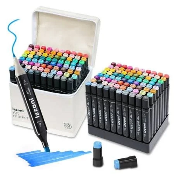 Izzoni 80 Colors Alcohol Markers Set, Dual Tip Coloring, Permanent Art Drawing Marker for Adult Sketching Coloring with Case and Holders, White