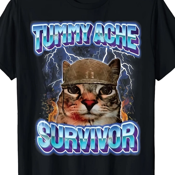 Men's Funny Stomachache Survivor Cat Meme T-Shirt - S-5XL Retro Casual Short Sleeve T-Shirt with Humorous Graphic Print, Comfortable Casual Outfit with Funny Slogan, Suitable for Internet Meme Enthusiasts（black）